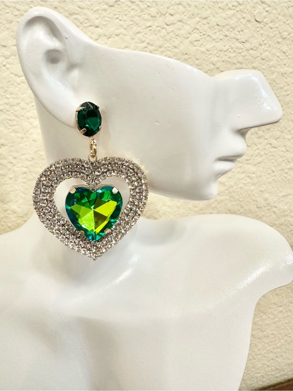 Fashion Jewelry Gold-Tone Heart Drop Earrings with Green Crystals